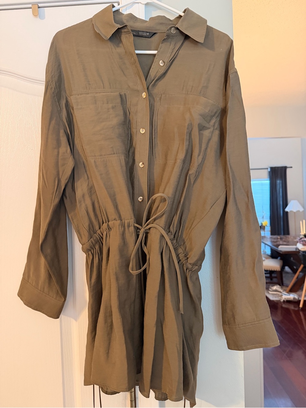 Zara- Button-Front Drawstring Waist Shirt Dress - Olive